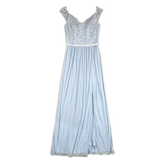 Davids Bridal Formal Gown Womens 2 Light Blue Off Shoulder Slit Lace‎ Prom Dress - Picture 3 of 15